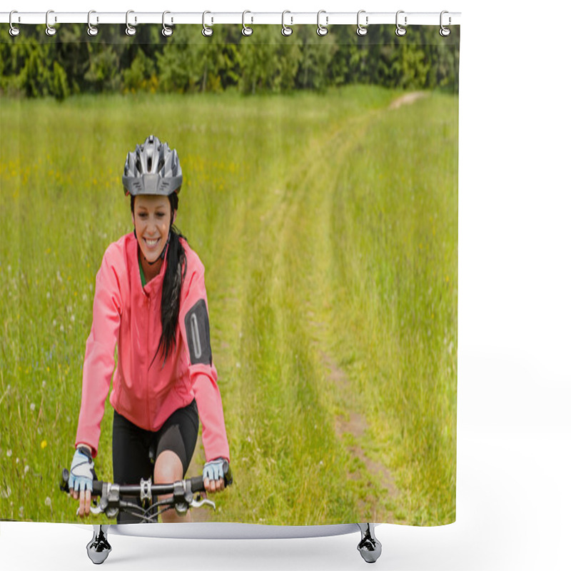 Personality  Woman Riding Bicycle On Meadow Path Shower Curtains