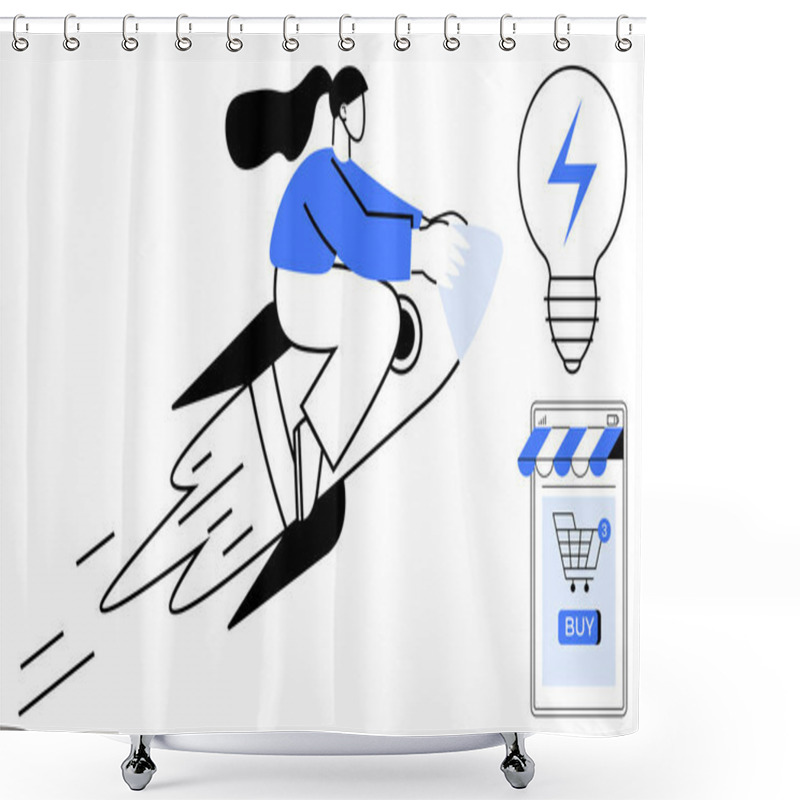 Personality  Woman Riding A Rocket Symbolizing Rapid Progress And Innovation Beside A Light Bulb And A Smartphone With A Shopping Cart. Ideal For Technology, E-commerce, Innovation, Creative Solutions, Business Shower Curtains