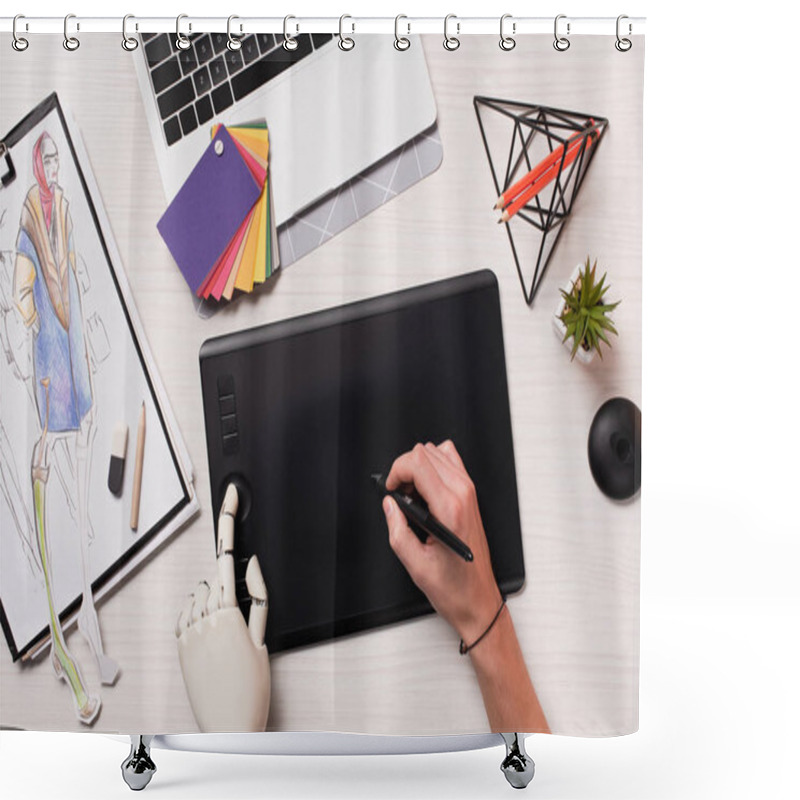 Personality  Cropped Female Hands At Designer Office Desk With Robot Hand Using Graphics Tablet And Pen Shower Curtains