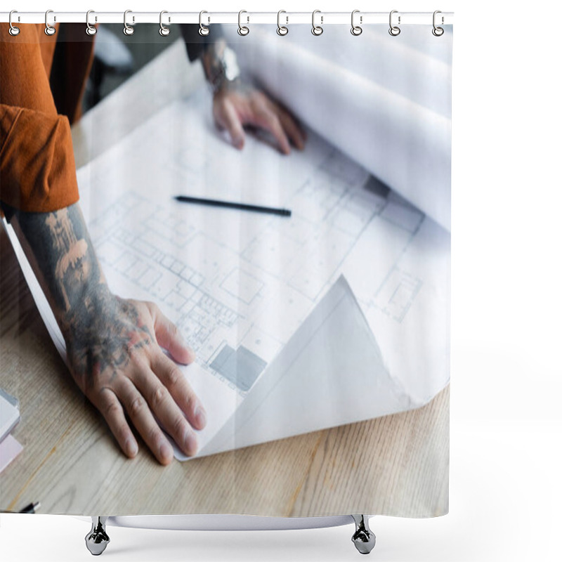 Personality  Cropped View Of Tattooed Architect Near Blurred Blueprint On Work Desk Shower Curtains