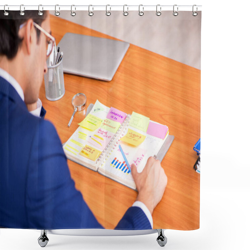 Personality  Young Handsome Employee Planning His Work Activity  Shower Curtains