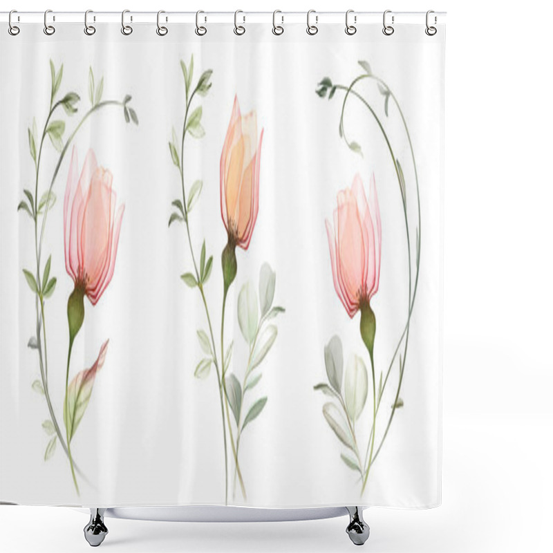 Personality  Watercolor Bouquets. Set Of Three Floral Arrangements. Bright Transparent Roses In Abstract Style. Pastel Colour Flowers With Tender Eucalyptus Branches. Floral Hand-painted Illustrations. Shower Curtains