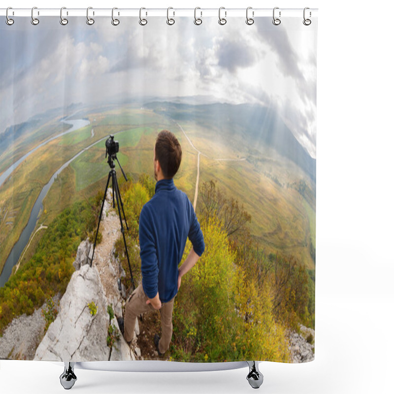 Personality  Photographer On Top Of The Mountain Takes On The Camera Shower Curtains