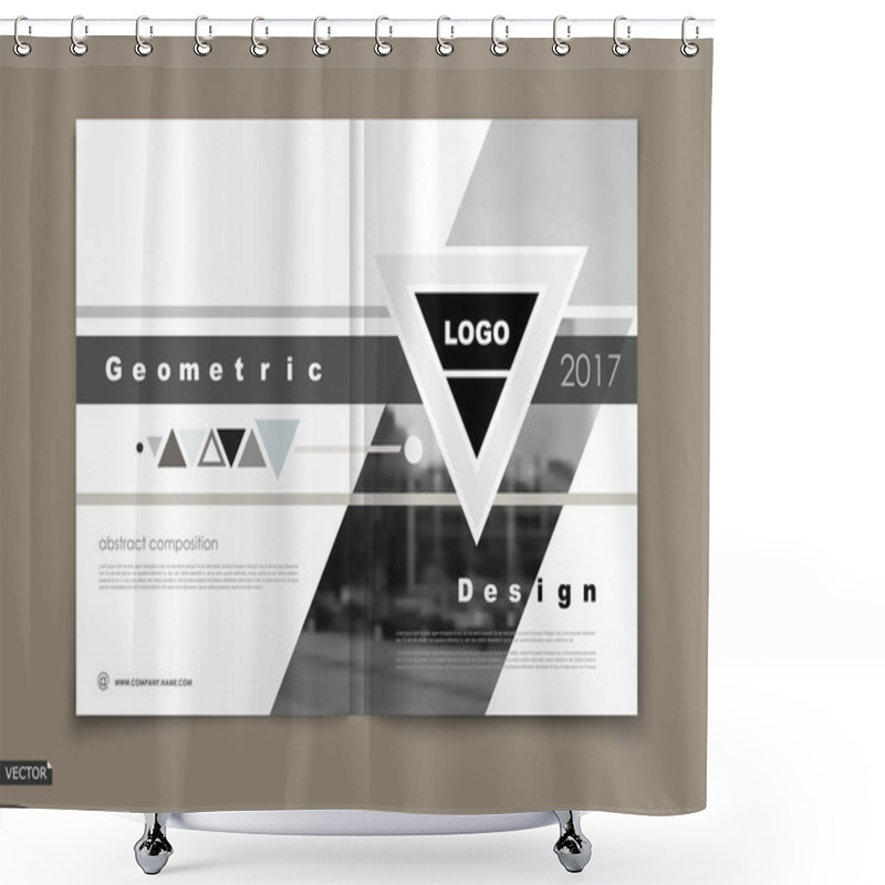 Personality  Design For Business Brochure Cover, Info Banner Frame, Title Sheet Model Set, Flyer Mockup Or Ad Text Font. Modern Vector White Front Page Art With Urban City Texture. Black Triangle Figure Logo Icon Shower Curtains