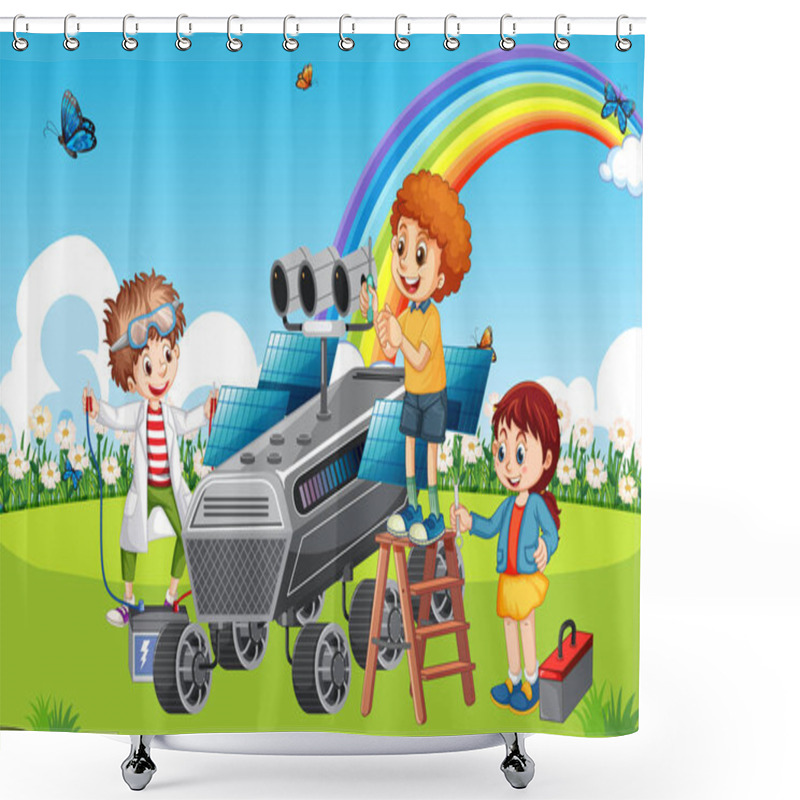 Personality  Children Fixing A Satellite Together  Illustration Shower Curtains