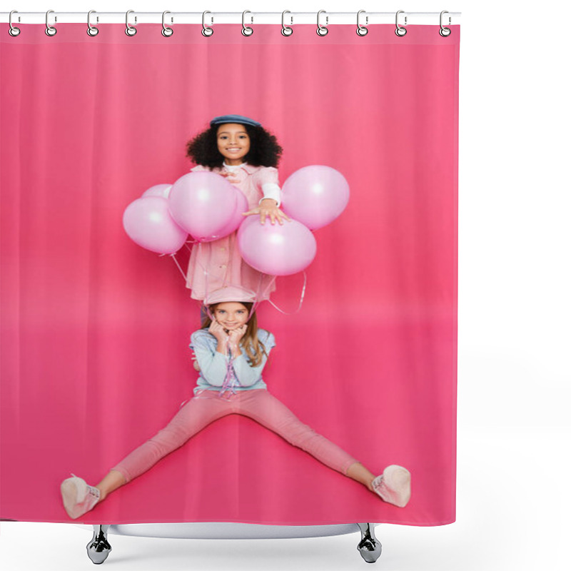 Personality  Happy African American Girl Near Trendy Friend Sitting With Festive Balloons Isolated On Pink  Shower Curtains