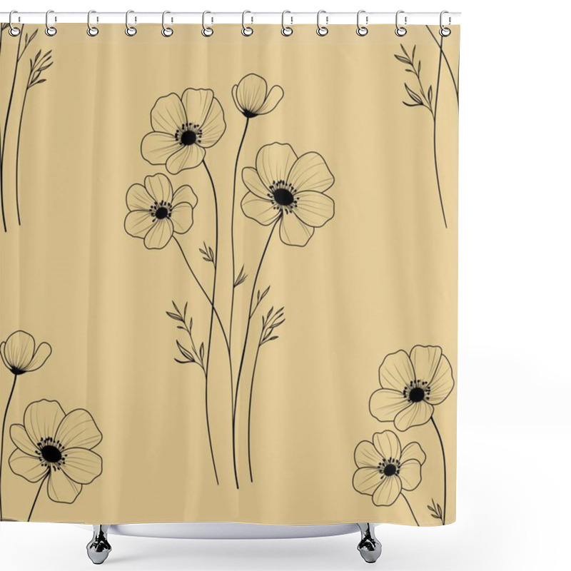 Personality  Seamless Pattern Anemone Flowers Outline Big Design On Pastel Yellow Background For Prints, Textiles, Packaging, Fabrics, And Wrapping Paper Shower Curtains