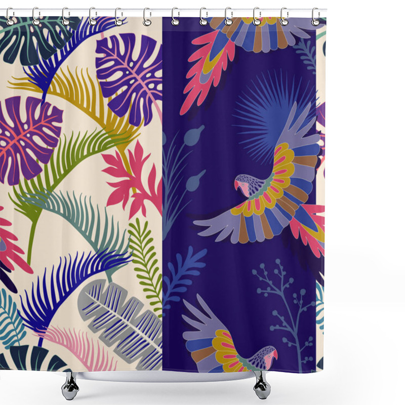 Personality  Vector Seamless Pattern With Palm Leaves And Parrots. Vertical Tropical Wallpaper. Bright Colorful Botanical Backdrop Shower Curtains