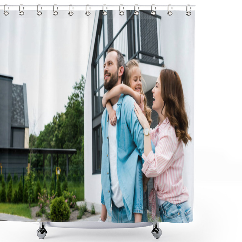 Personality  Happy Man Piggybacking Daughter Near Cheerful Wife And House  Shower Curtains