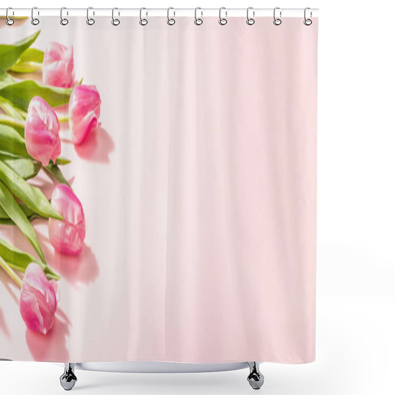 Personality  Fresh Flower Composition, A Bouquet Of Pink Tulips, Isolated On A Rose Background. International Women's, Valentines, Or Mother's Day, Wedding Greeting Concept, Banner Format Shower Curtains