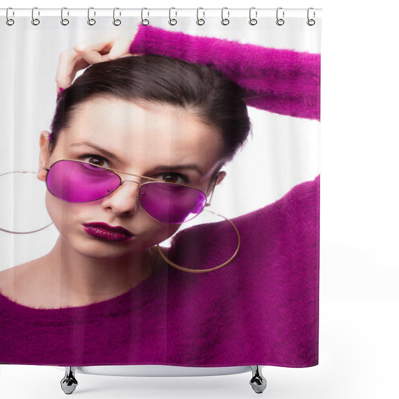 Personality  Girl In A Purple Sweater, Purple Glasses With Purple Lipstick On Her Lips Shower Curtains