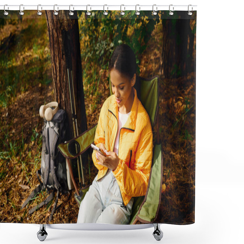 Personality  A Young Woman Relaxes In The Forest, Delighting In Nature While Checking Her Phone Amidst Autumn Hues. Shower Curtains