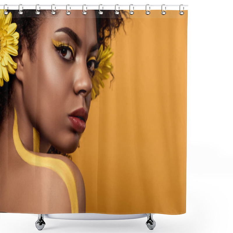 Personality  Young Sensual African American Woman With Artistic Make-up And Gerbera In Hair Isolated On Orange Background Shower Curtains