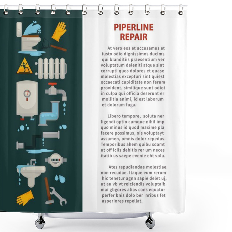 Personality  Piperline Repair Promotional Poster With Sanitary Engineering, Broken Pipes, Tools For Repairment, White Water Heater, Modern Radiator And Rubber Gloves Vector Illustrations And Sample Text. Shower Curtains