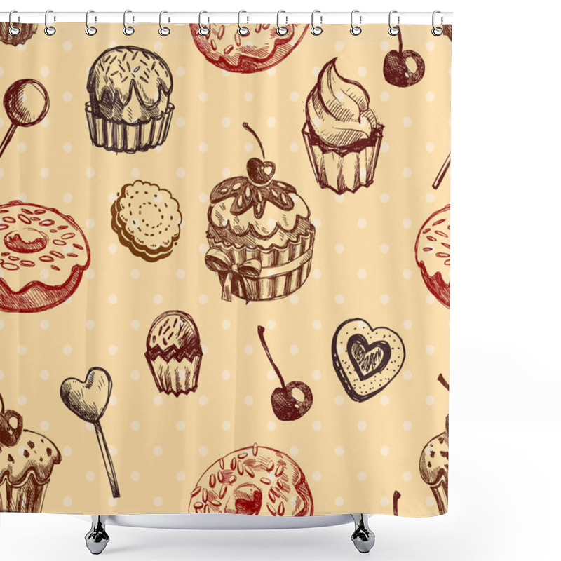 Personality  Seamless Texture Sweets, Donut, Biscuit On Background Polka Dots Shower Curtains