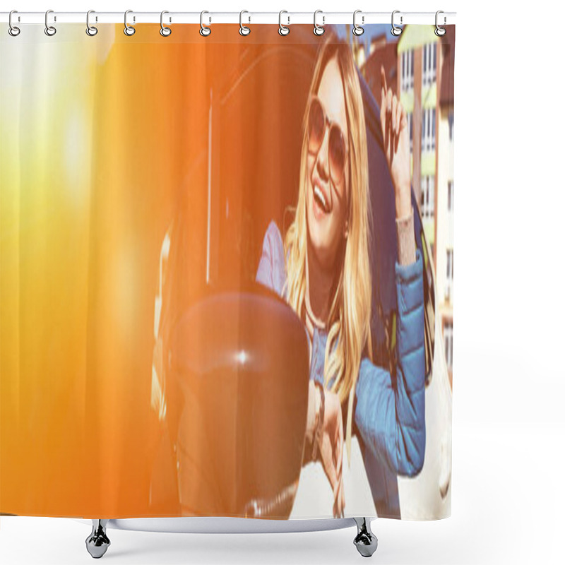 Personality  Cheerful Young Woman In Sunglasses Leaning Out Car On Street Shower Curtains