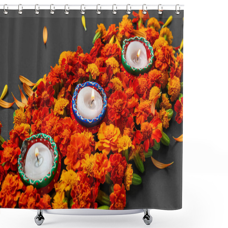 Personality  Burning Candles With Marigold Flowers On Black Background. Divaly Celebration Shower Curtains