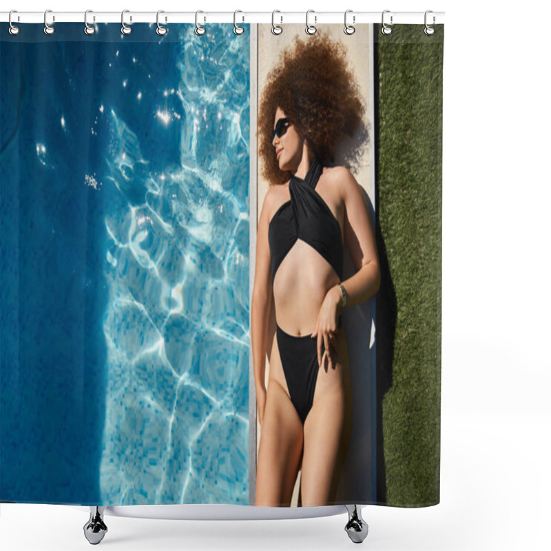 Personality  A Woman With Curly Hair Relaxes By The Pool In A Black Swimsuit, Basking In The Summer Sun. Shower Curtains