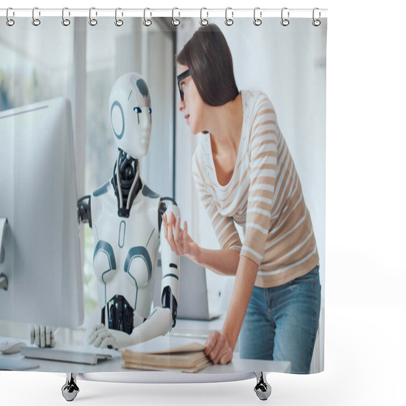 Personality  Woman And AI Robot Working Together In The Office, Automation And Technology Concept Shower Curtains