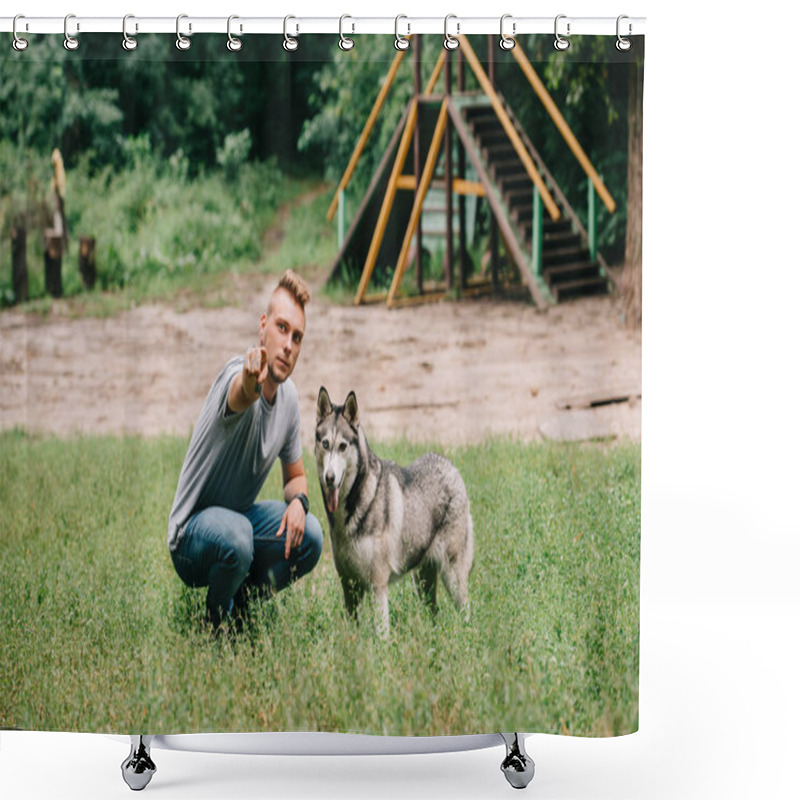 Personality  Young Man Showing Something To Husky Dog In Park Shower Curtains