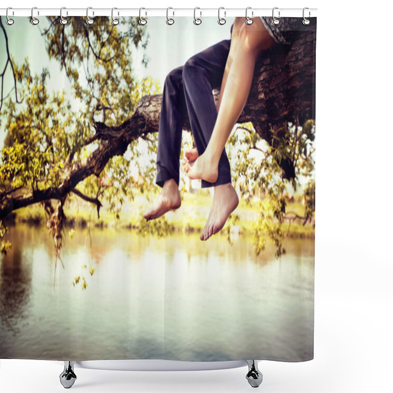 Personality  Young Couple In Love Sitting Cross-legged On A Tree Branch Above River Shower Curtains