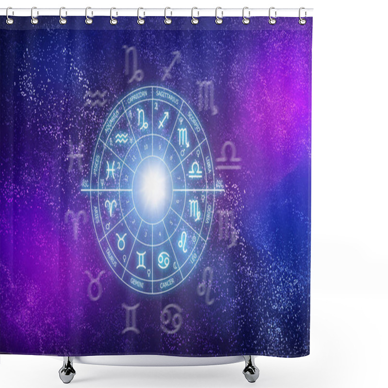 Personality  Zodiac Circle On The Background Of The Cosmos. Astrology. The Science Of Stars And Planets. Esoteric Knowledge. Ruler Planets. Twelve Signs Of The Zodiac Shower Curtains