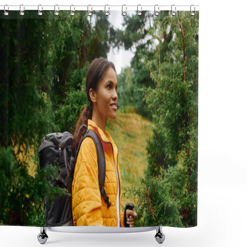 Personality  Exploring A Forest During Autumn, A Young Woman Enjoys The Rich Colors And Tranquility Of Nature. Shower Curtains