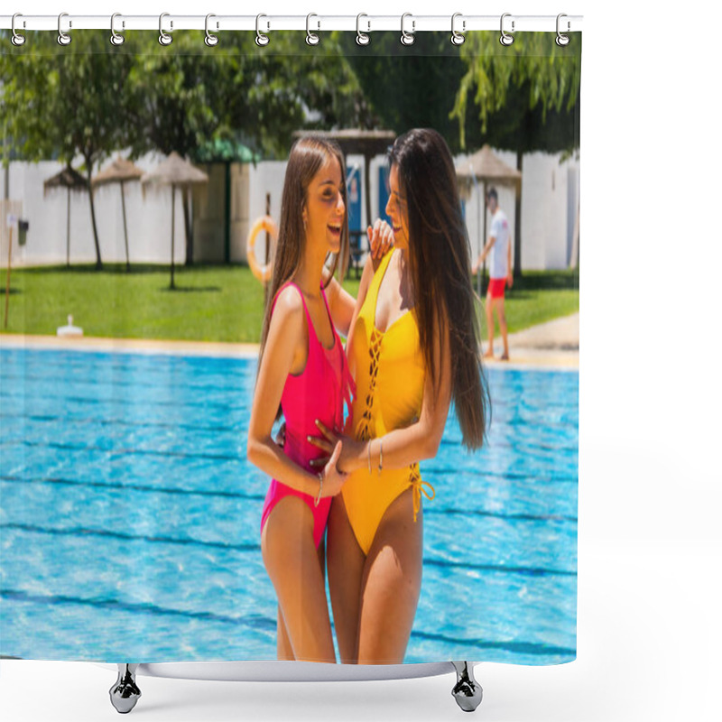 Personality  Two Young Girls Enjoying In Swimming Pool At Summertime Shower Curtains