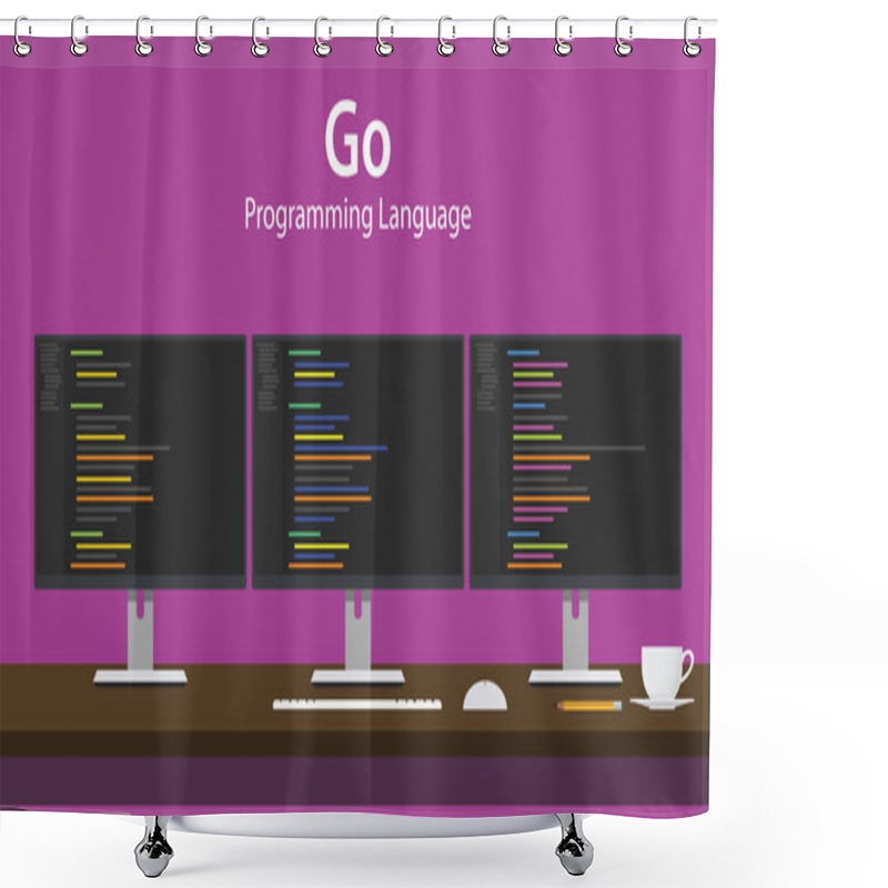 Personality  Illustration Of Go Programming Language Code Displayed On Three Monitor In A Row At Programmer Workspace Shower Curtains