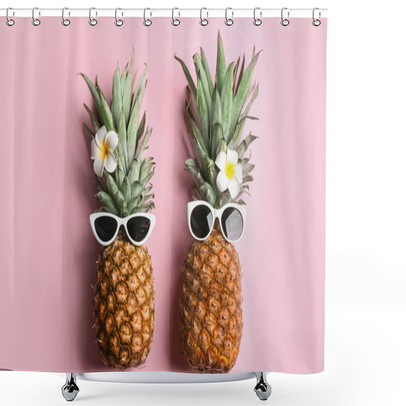 Personality  Funny Pineapples With Sunglasses And Plumeria Flowers On Pink Background, Flat Lay. Creative Concept Shower Curtains