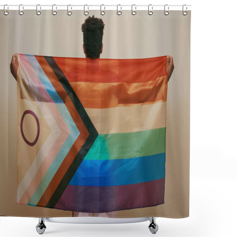 Personality  Back View Of African American Man Holding Rainbow Lgbt Flag On Yellow Background, Pride Month Shower Curtains