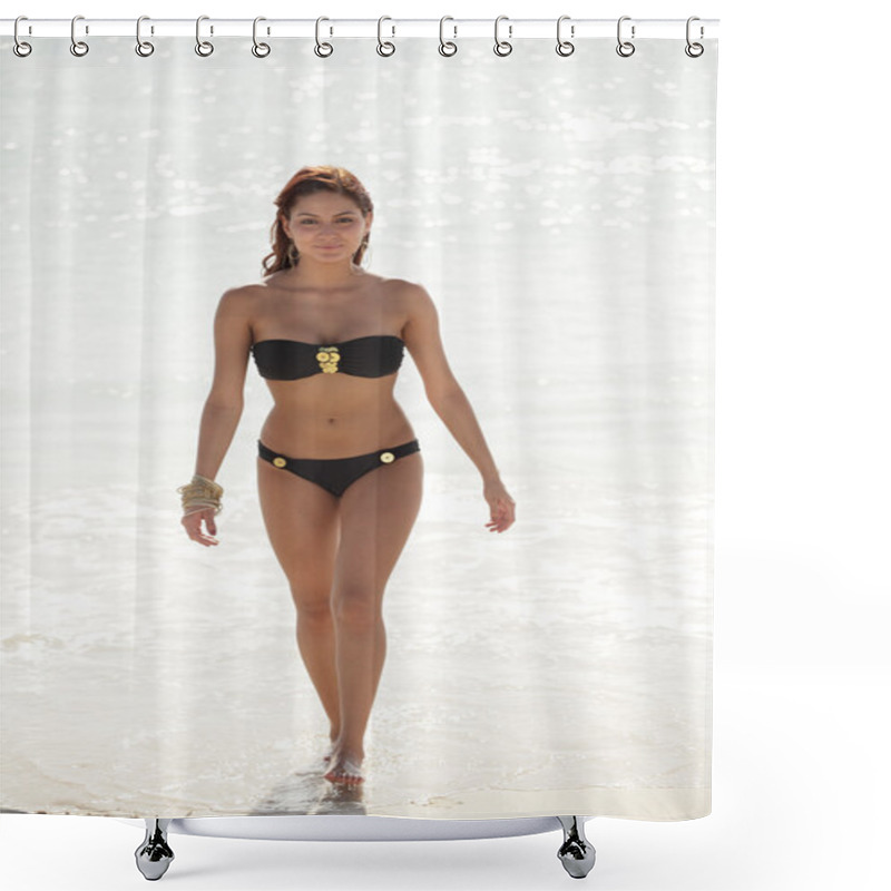 Personality  Woman In A Bikini Walking Out Of The Ocean Shower Curtains