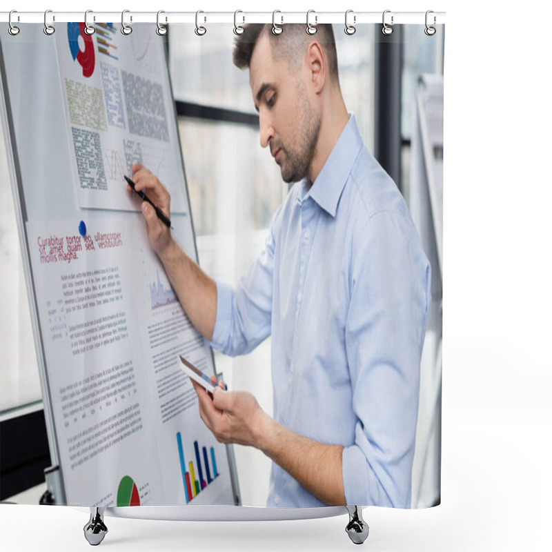 Personality  Side View Of Manager With Pen Looking At Smartphone Near Flipchart With Graphs  Shower Curtains