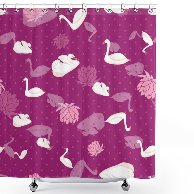 Personality  White Swans And Water Lily Seamless Pattern On Purple Background With Polka Dots Illustration Shower Curtains