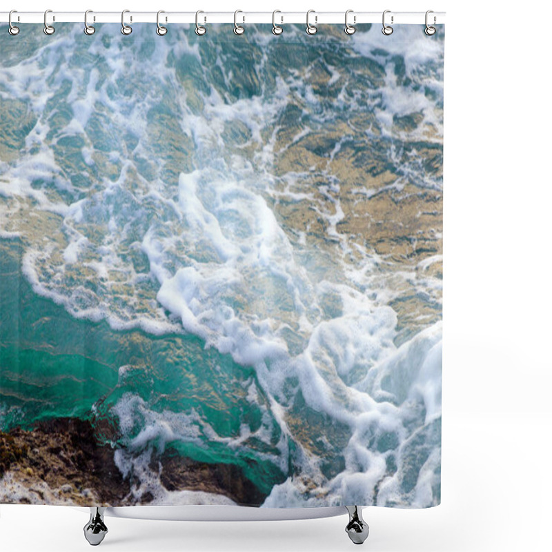 Personality  Turquoise Sea Water Hits Stony Shore. Natural Background. Photo With Motion Blur. Shower Curtains