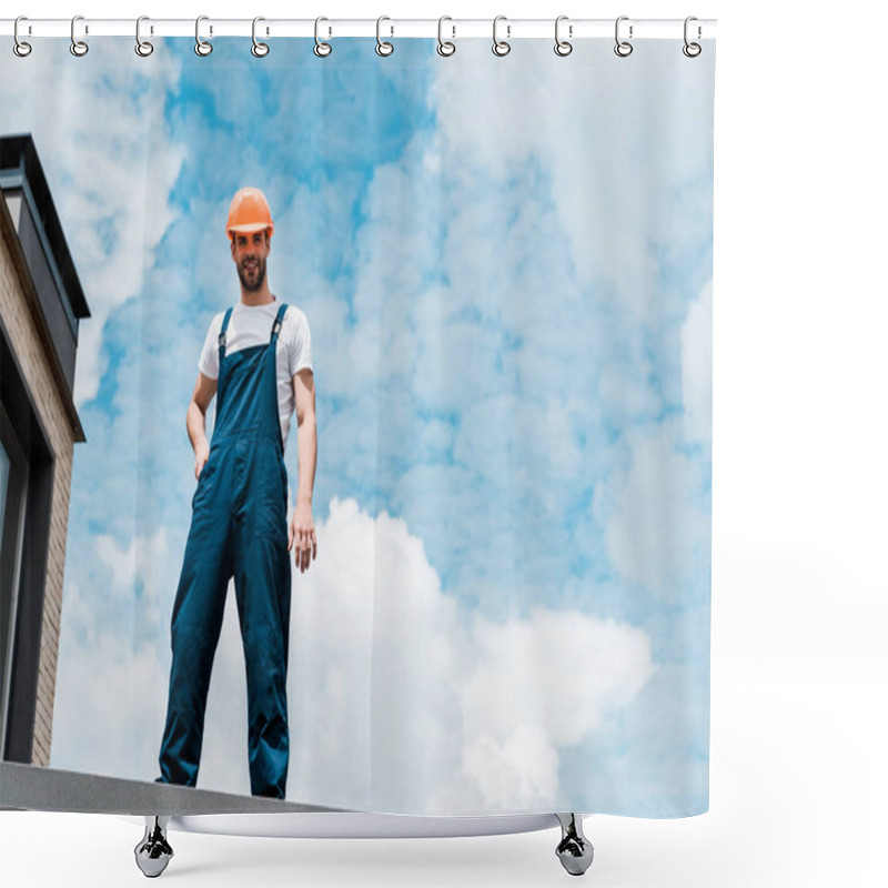 Personality  Low Angle View Of Happy Repairman In Helmet And Uniform Standing Against Blue Sky With Clouds  Shower Curtains