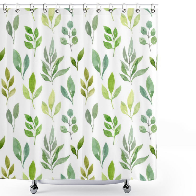 Personality  Watercolor Seamless Pattern With Green Leaves Isolated On White Background. Hand Drawn Illustration. Shower Curtains