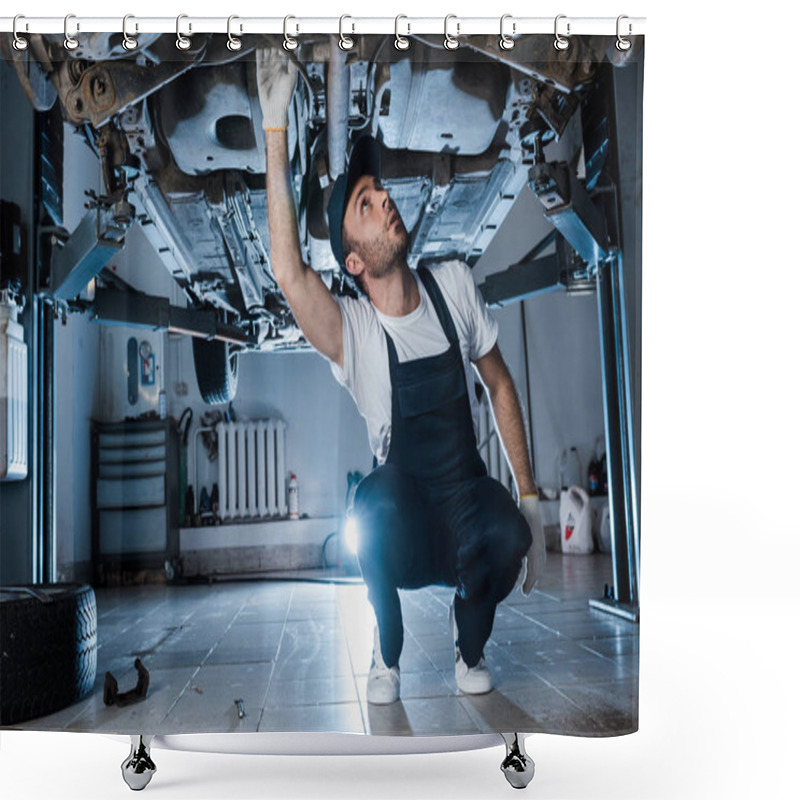 Personality  Handsome Auto Mechanic In Cap Repairing Automobile In Car Service  Shower Curtains