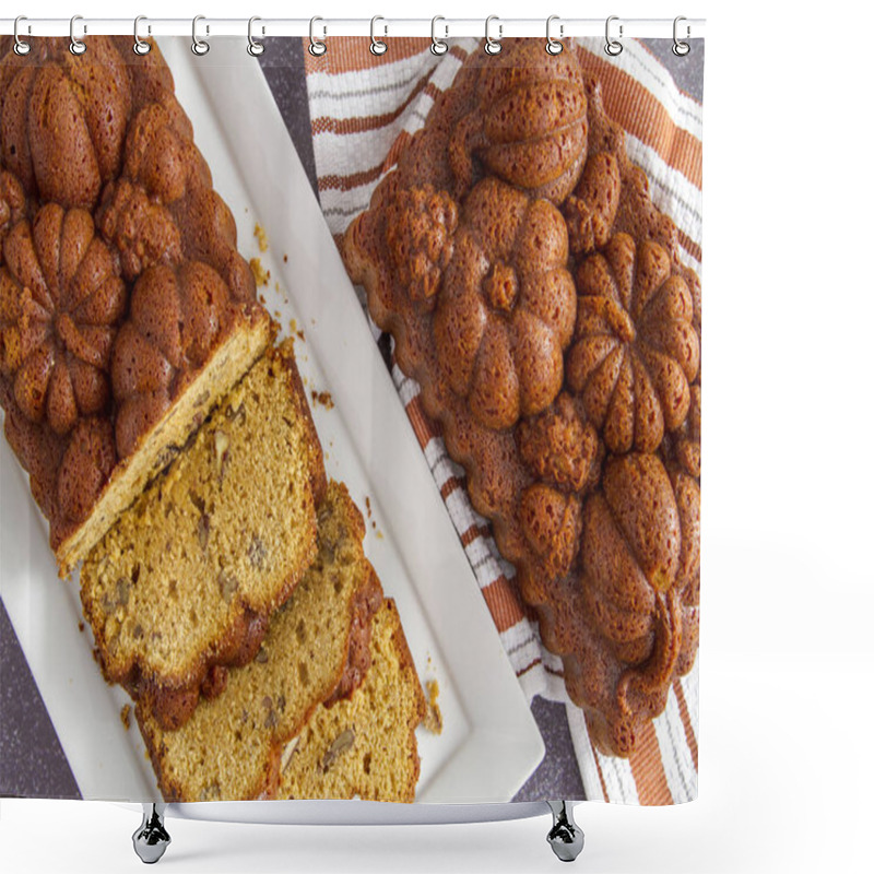 Personality  Close Up Of Pumpkin Bread On White Plate Shot From Above With Uncut Loaf On Side Sitting On Orange Striped Towel Shower Curtains