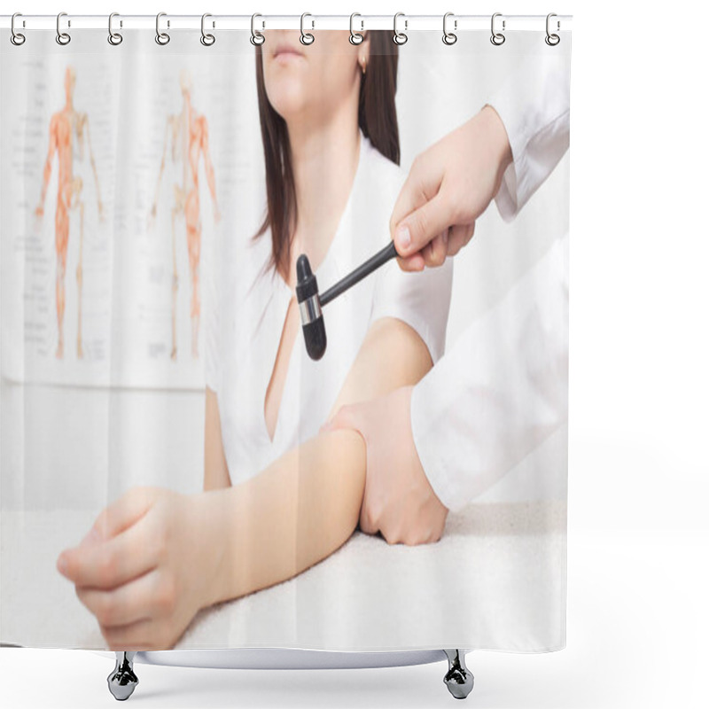 Personality  A Neurologist Doctor Checks The Biceps Reflex In A Girl Patient With A Neurological Hammer. Shower Curtains