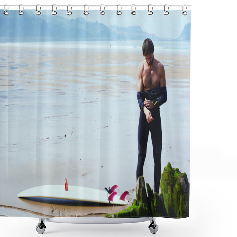 Personality  Sexy Surfer Removes His Wetsuit Standing On The Beach Shower Curtains