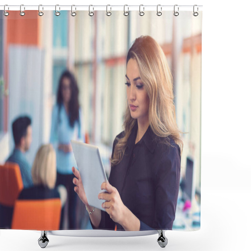 Personality  Portrait Of Happy Businesswoman Holding Digital Tablet In Office Standing In Front Of Colleagues Discussing At Background Shower Curtains