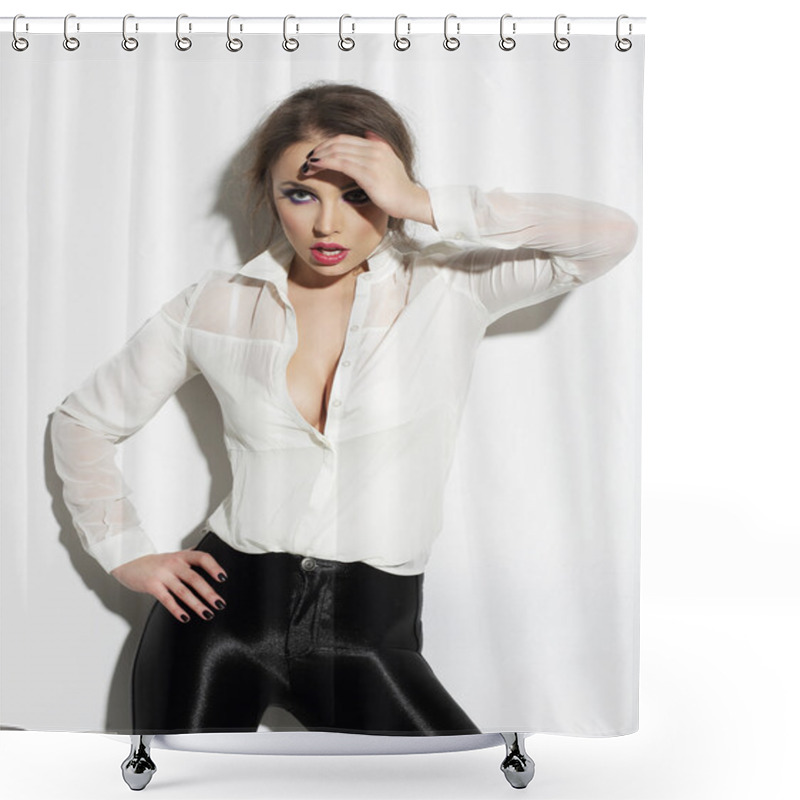 Personality  Elegant Young Woman In White Blouse Gesturing Shower Curtains