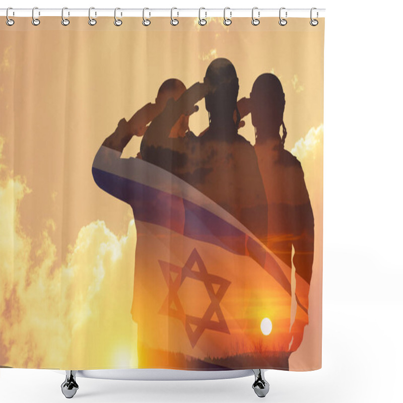 Personality  Double Exposure Of Silhouettes Of A Soliders And The Sunset Or The Sunrise Against Israel Flag. Concept - Armed Forces Of Israel. Shower Curtains