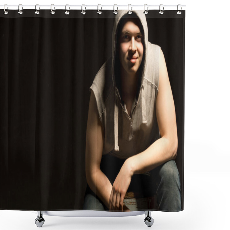 Personality  Shadowy Portrait Of A Young Man In A Hoodie Shower Curtains