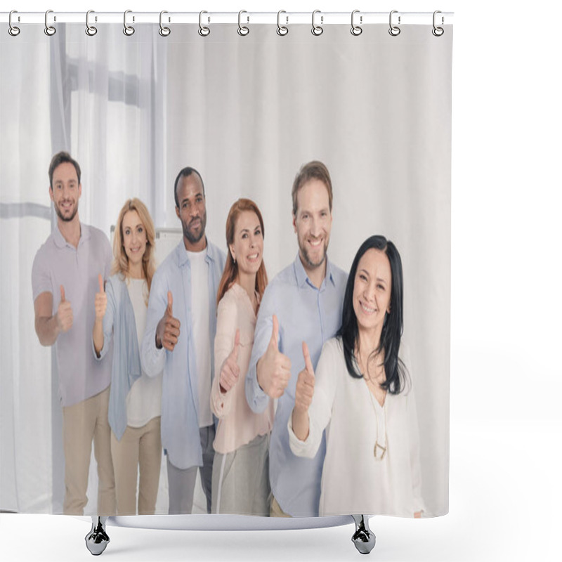 Personality  Multiethnic Middle Aged People Smiling At Camera And Showing Thumbs Up During Group Therapy   Shower Curtains