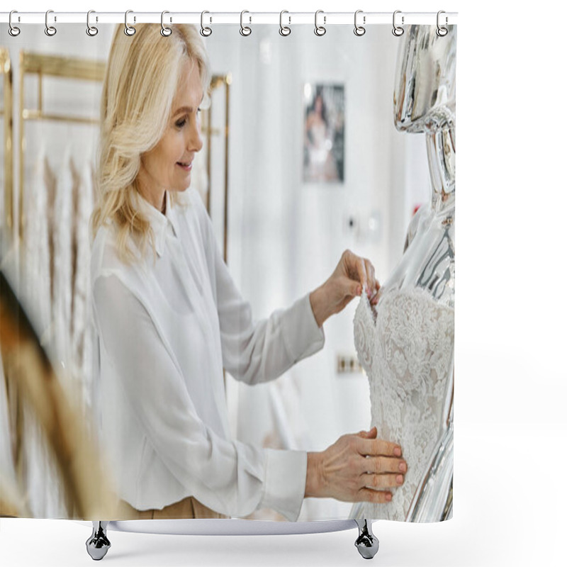 Personality  Middle-aged Beauty Shop Assistant Admires Wedding Dress On Hanger In Bridal Boutique. Shower Curtains