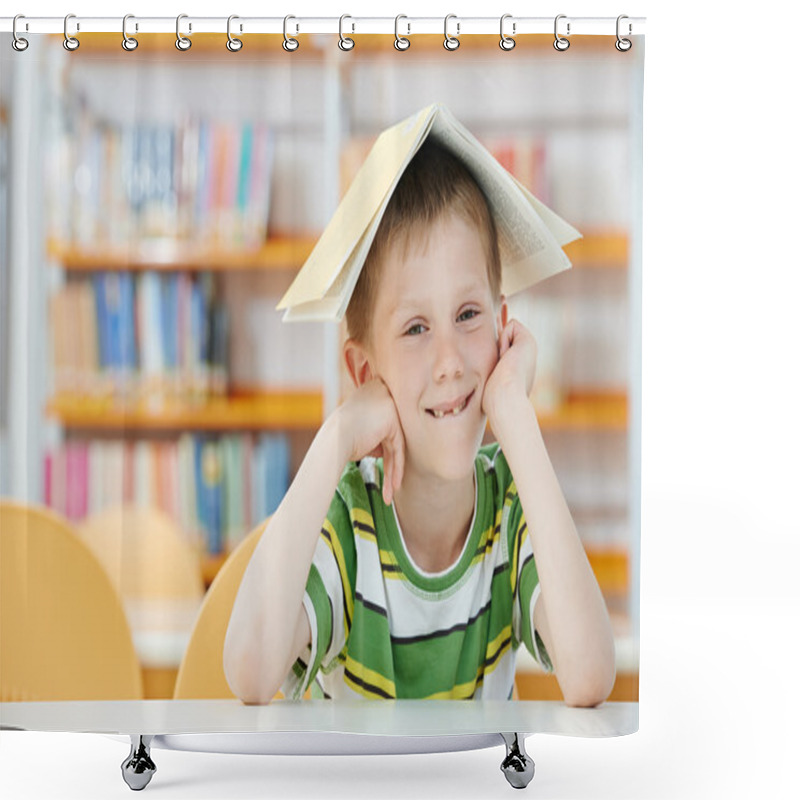 Personality  Young Boy With Book In Library Shower Curtains