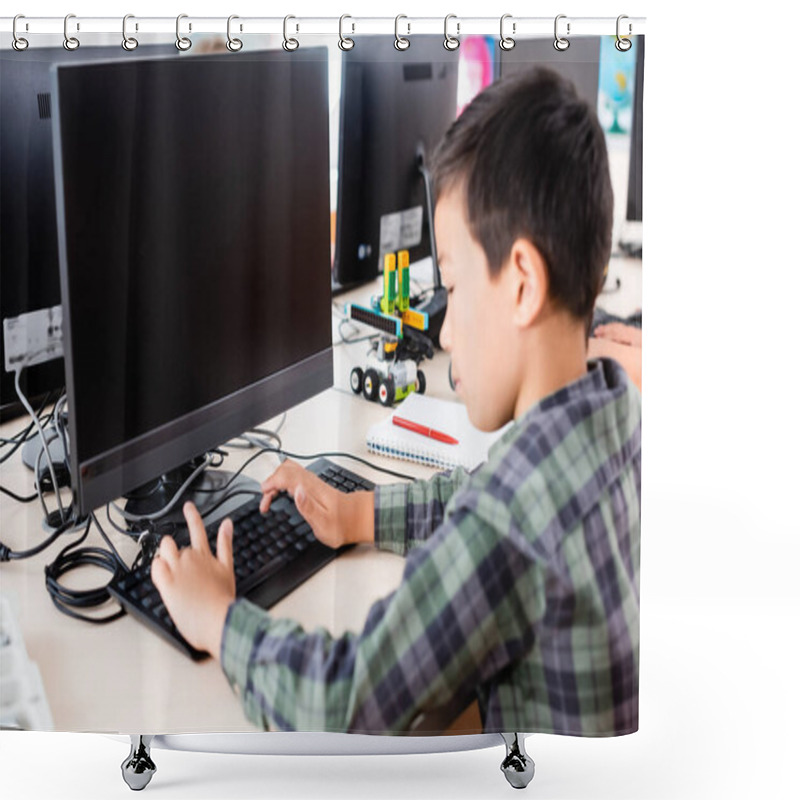 Personality  Selective Focus Of Asian Schoolboy Using Computer In Stem School  Shower Curtains