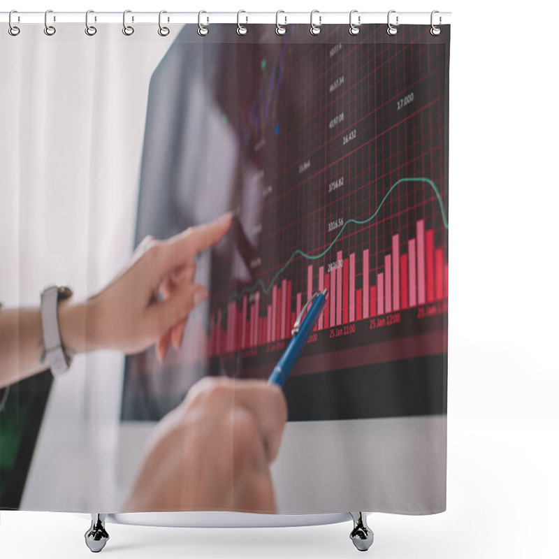 Personality  Selective Focus Of Data Analysts Pointing On Graphs On Computer Monitor While Testing Security Of Computer Systems Shower Curtains